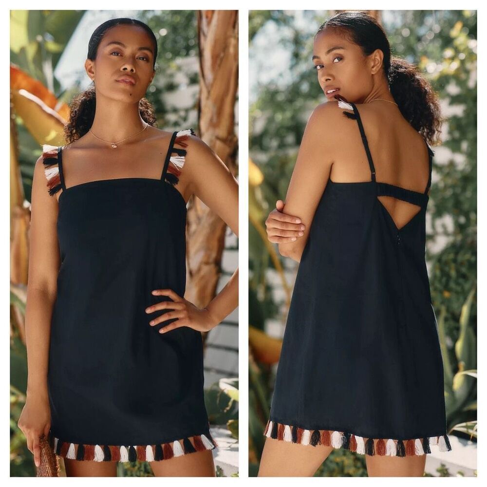 By Anthropologie‎ The Hartley Shift Mini Dress in Black Tassels Boho Style Sz S